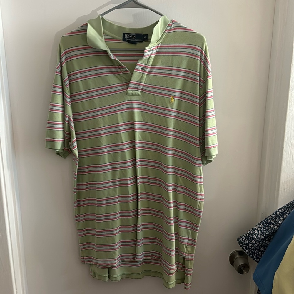 Polo Ralph Lauren Collared Shirt - Short Sleeve - Green w Pink Stripes - XL